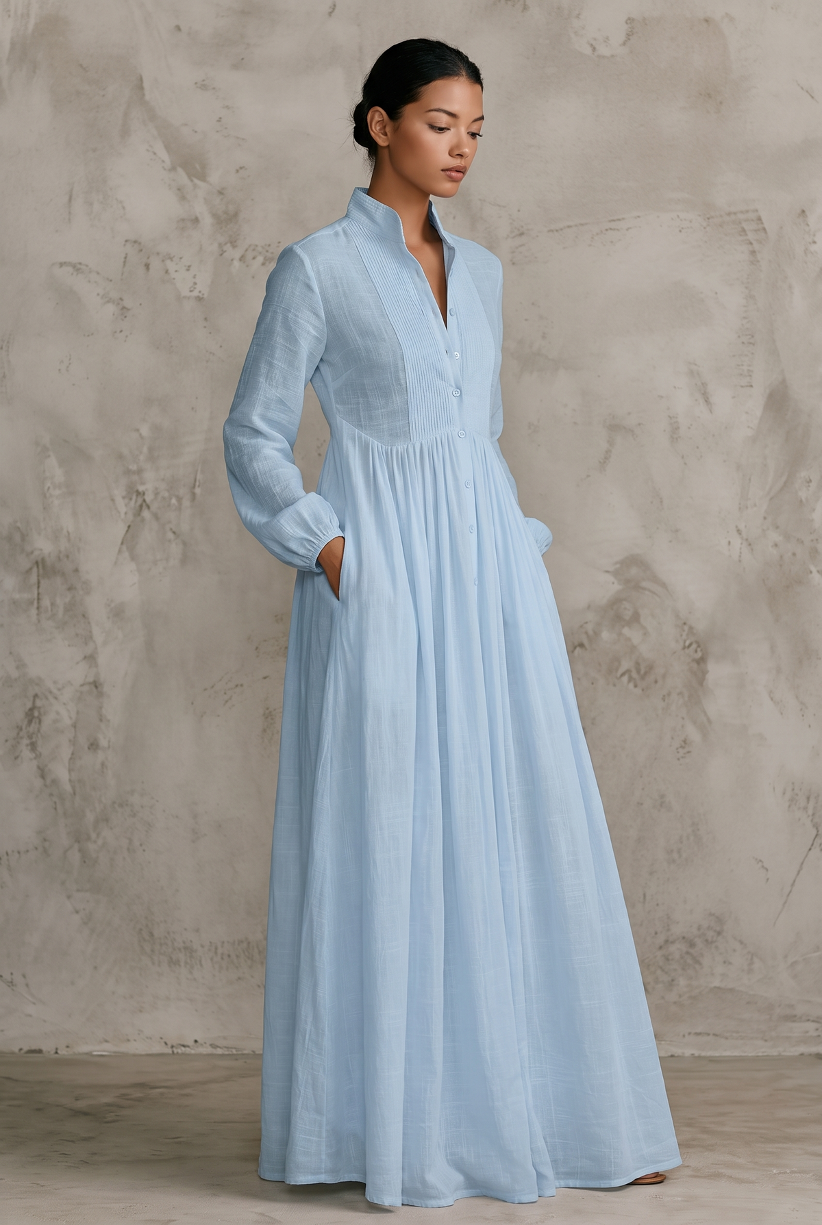Paneled Linen Blend Maxi Dress with Button Front and Long Sleeves