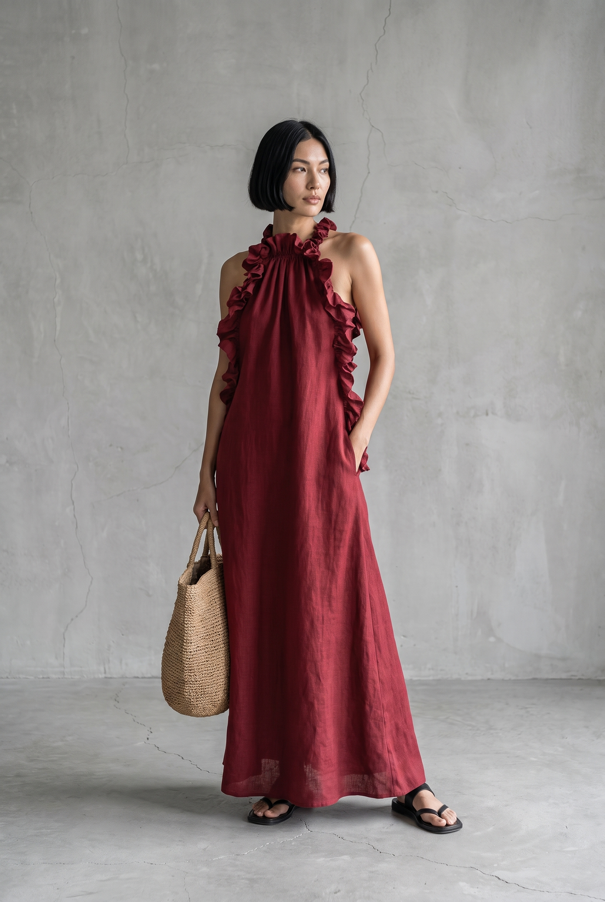 Linen Blend Sleeveless Maxi Dress with Ruffle Details