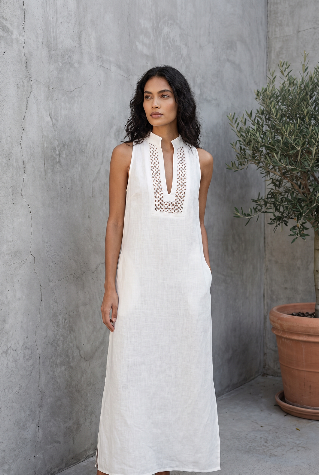 White Sleeveless Maxi Dress with Cutout Neckline