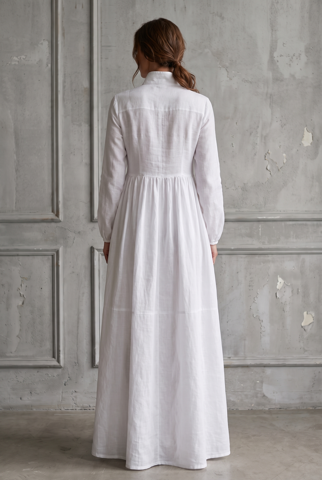 Cotton Linen Patchwork Maxi Dress with Stand-Up Collar