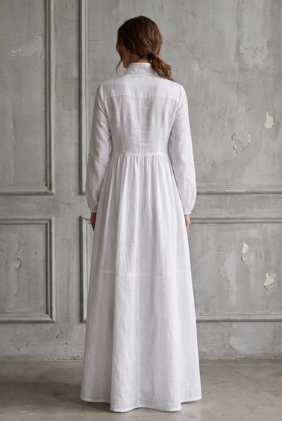 Cotton Linen Patchwork Maxi Dress with Stand-Up Collar