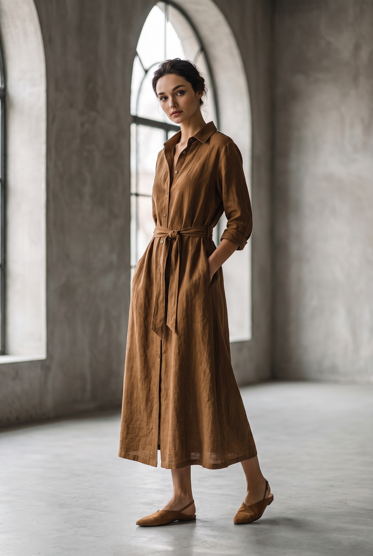Brown Blend Shirt Maxi Dress with Collar and Button Front