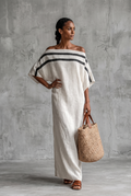 Linen Blend Off-The-Shoulder Maxi Dress with Batwing Sleeves