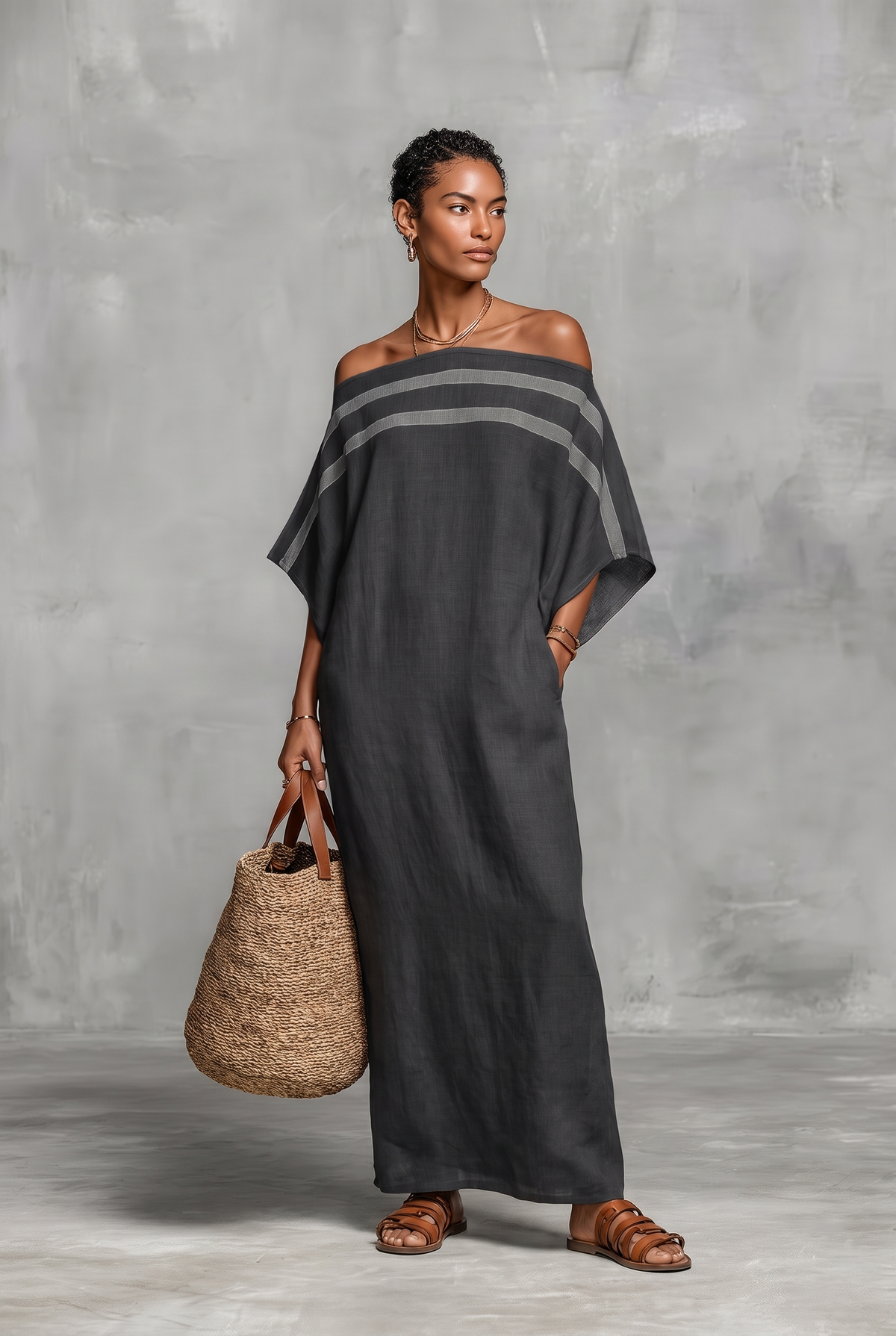 Linen Blend Off-The-Shoulder Maxi Dress with Batwing Sleeves