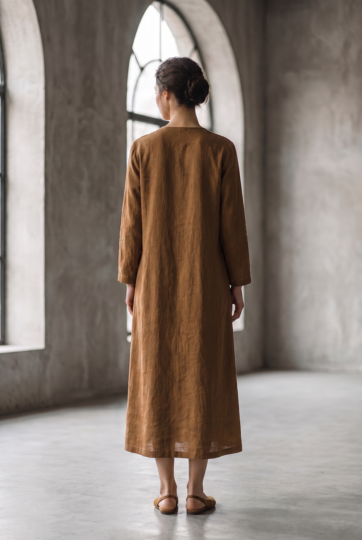 Brown Blend Shirt Maxi Dress with Collar and Button Front