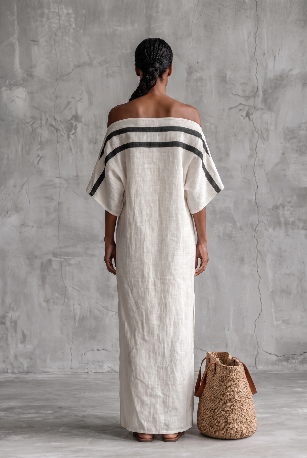 Linen Blend Off-The-Shoulder Maxi Dress with Batwing Sleeves
