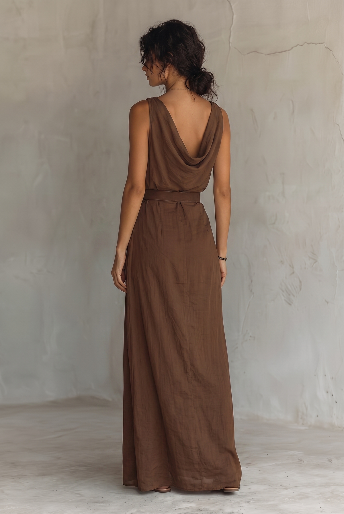Brown Cowl Neck Sleeveless Maxi Dress with Waist Belt