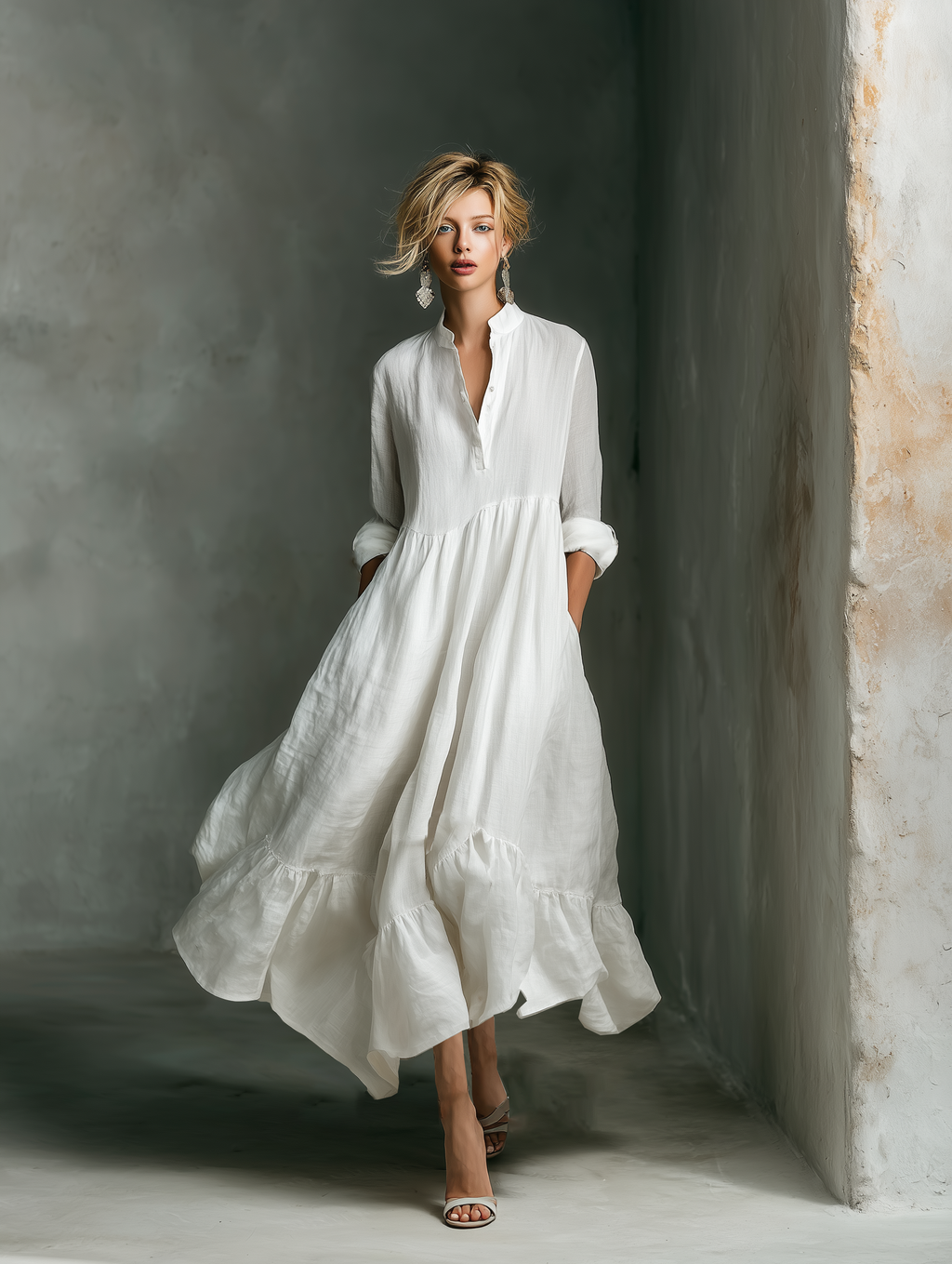 Women's White Long-sleeved Ruffled Maxi Dress
