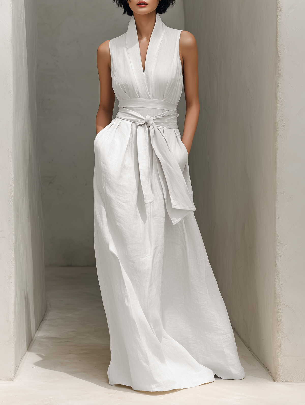 Linen Blend Column Dress with Deep V Neckline