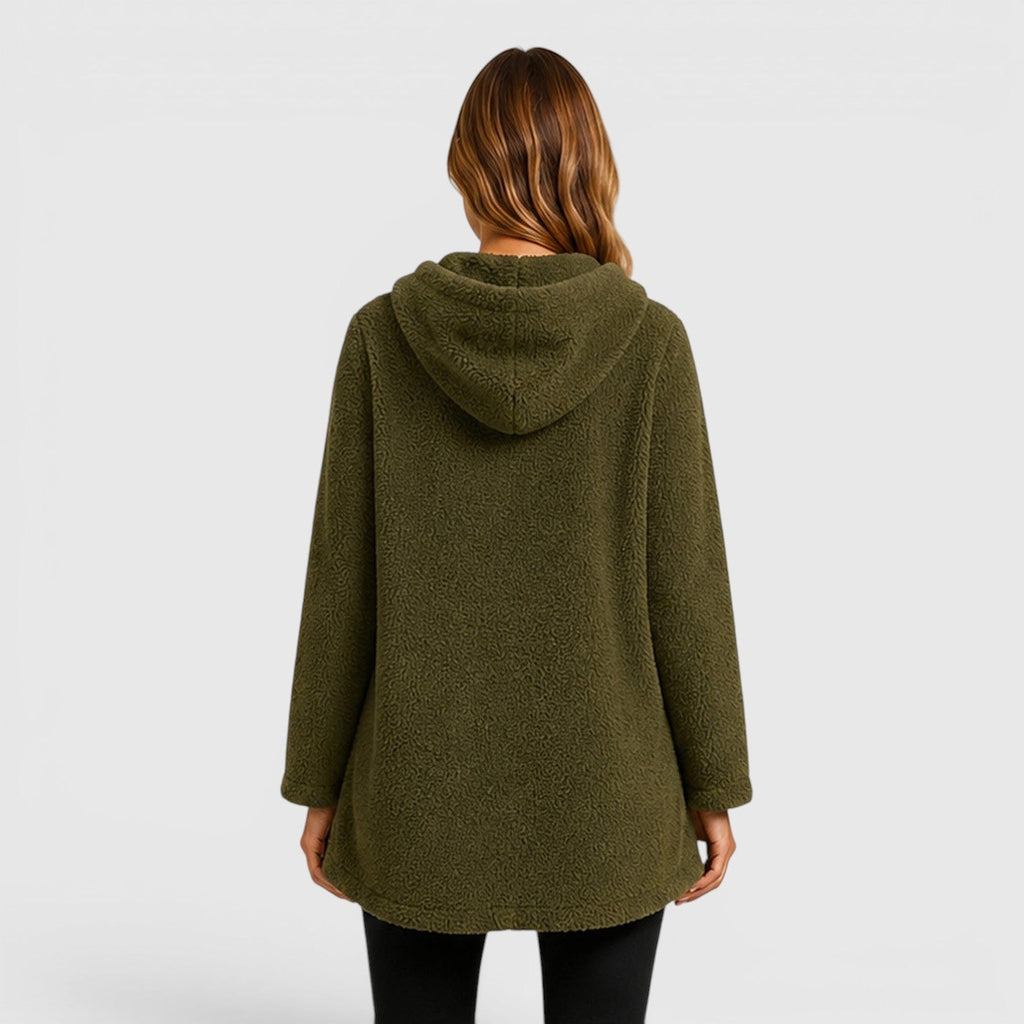 Comfortable Olive Green Sherpa Fleece Hoodie for Women with Drawstring Hood Long Sleeve Kangaroo Pocket Tunic Style
