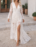 Elegant White Lace Maxi Dress for Women with V Neck Long Sleeve Sheer Slit Fall Wedding Guest Style
