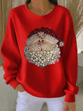 Comfortable Santa Print Ribbed Sweatshirt for Women with Crew Neck Long Sleeve Relaxed Christmas Style