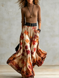 Cozy Ribbed Knit Two Piece Set for Women with Turtleneck Top Maple Leaf Print High Waist Maxi Skirt Fall Style