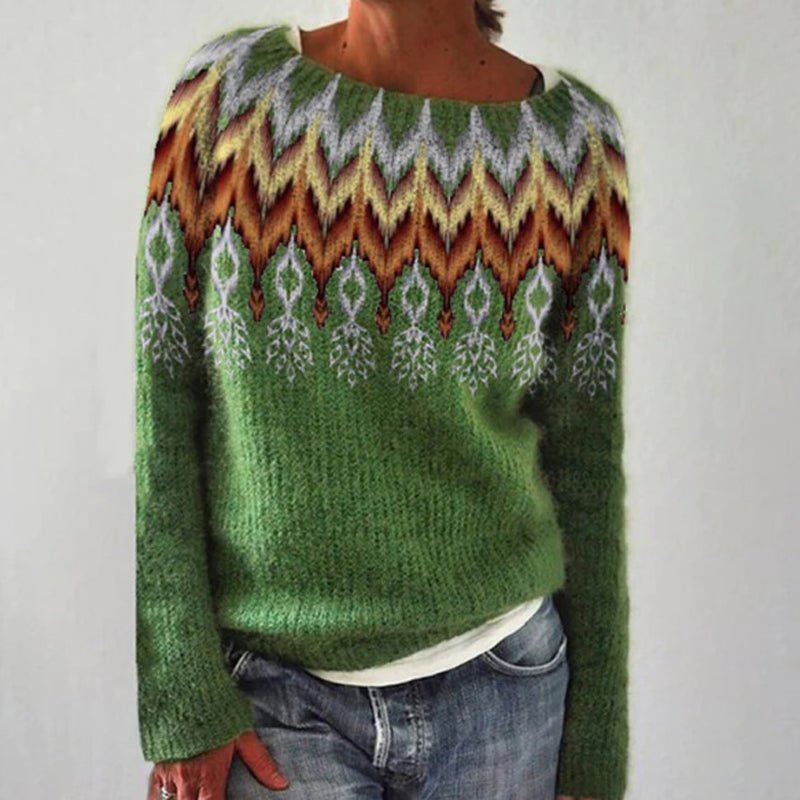 Comfortable Fair Isle Sweatshirt for Women with Crew Neck Long Sleeve Colorblock Oversized Knit Style