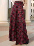 Stylish Maxi Skirts for Women with Plaid Pockets A-Line Holiday Style