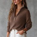 Comfortable Knit Sweater for Women with Zip Collar Long Sleeve Relaxed Oversized Fall Style
