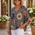 Effortless Mandala Print Poncho Blouse for Women with V Neck Batwing Sleeve Button Front Flowing Style