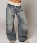 Effortless Light Blue Denim Wide Leg Jeans for Women with Ribbed Knit Waistband Low Rise Baggy Relaxed Style