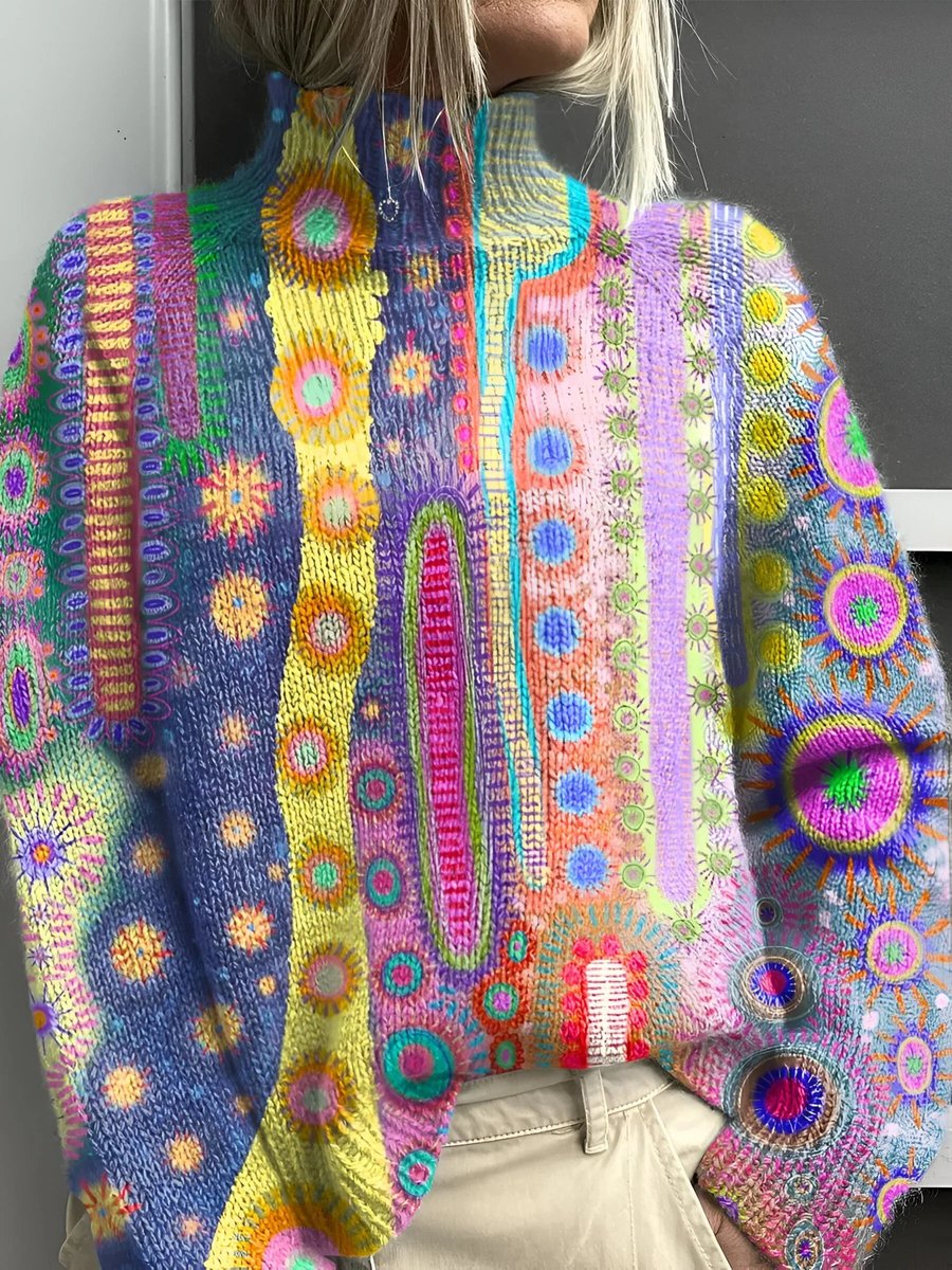 Comfortable Multicolor Abstract Print Sweater for Women with Mock Neck Long Sleeve Oversized Knit Style