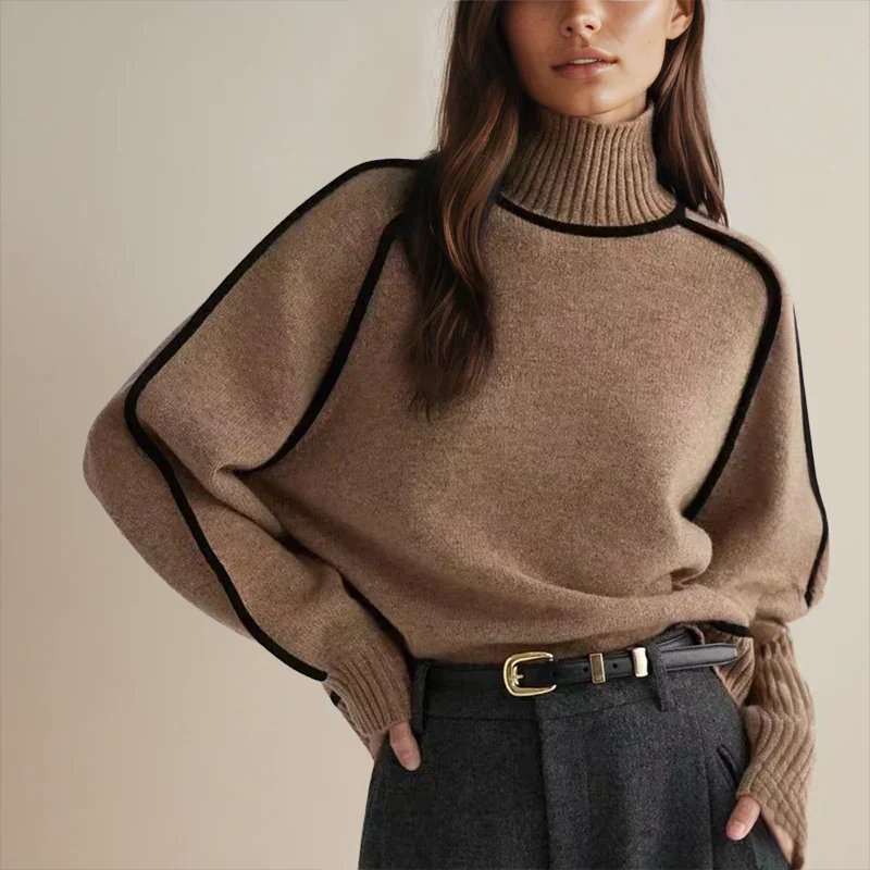 Effortless Sweaters for Women with Oversized Turtleneck Colorblock Knit Style