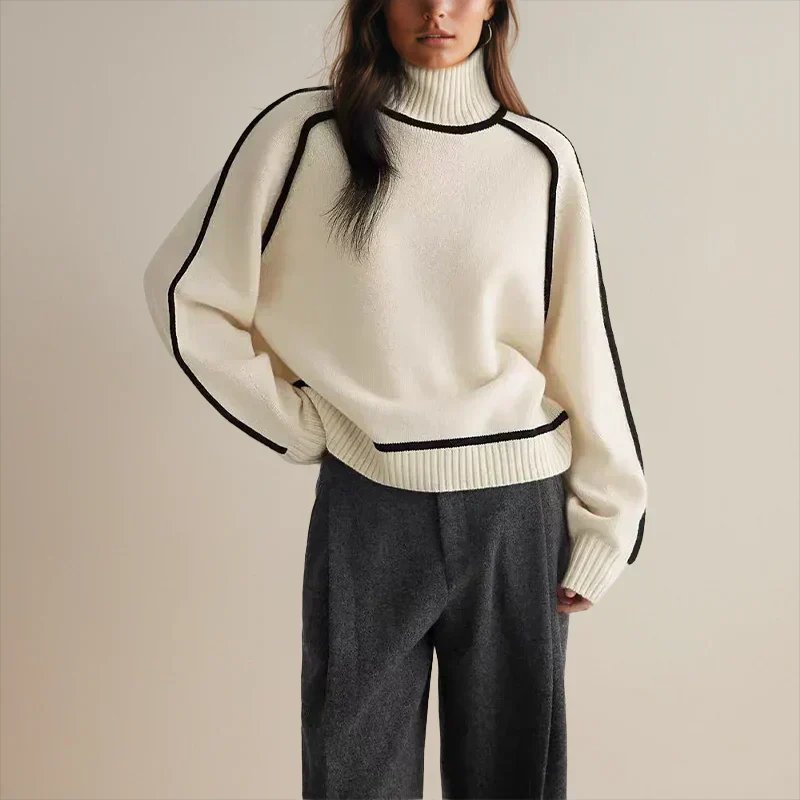 Effortless Sweaters for Women with Oversized Turtleneck Colorblock Knit Style