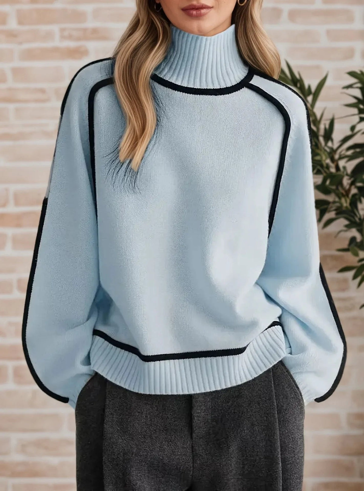 Effortless Sweaters for Women with Oversized Turtleneck Colorblock Knit Style
