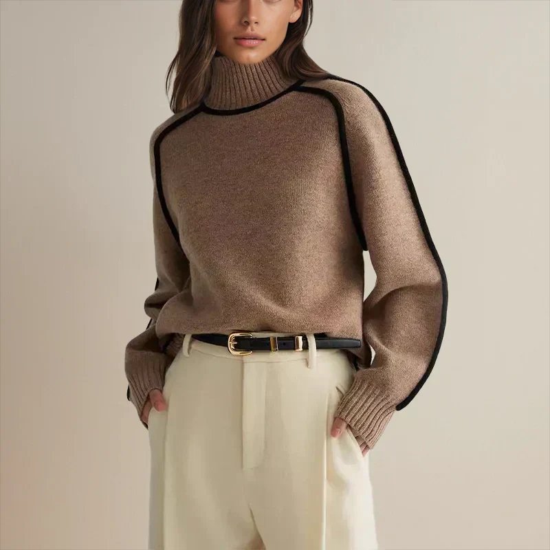 Effortless Sweaters for Women with Oversized Turtleneck Colorblock Knit Style