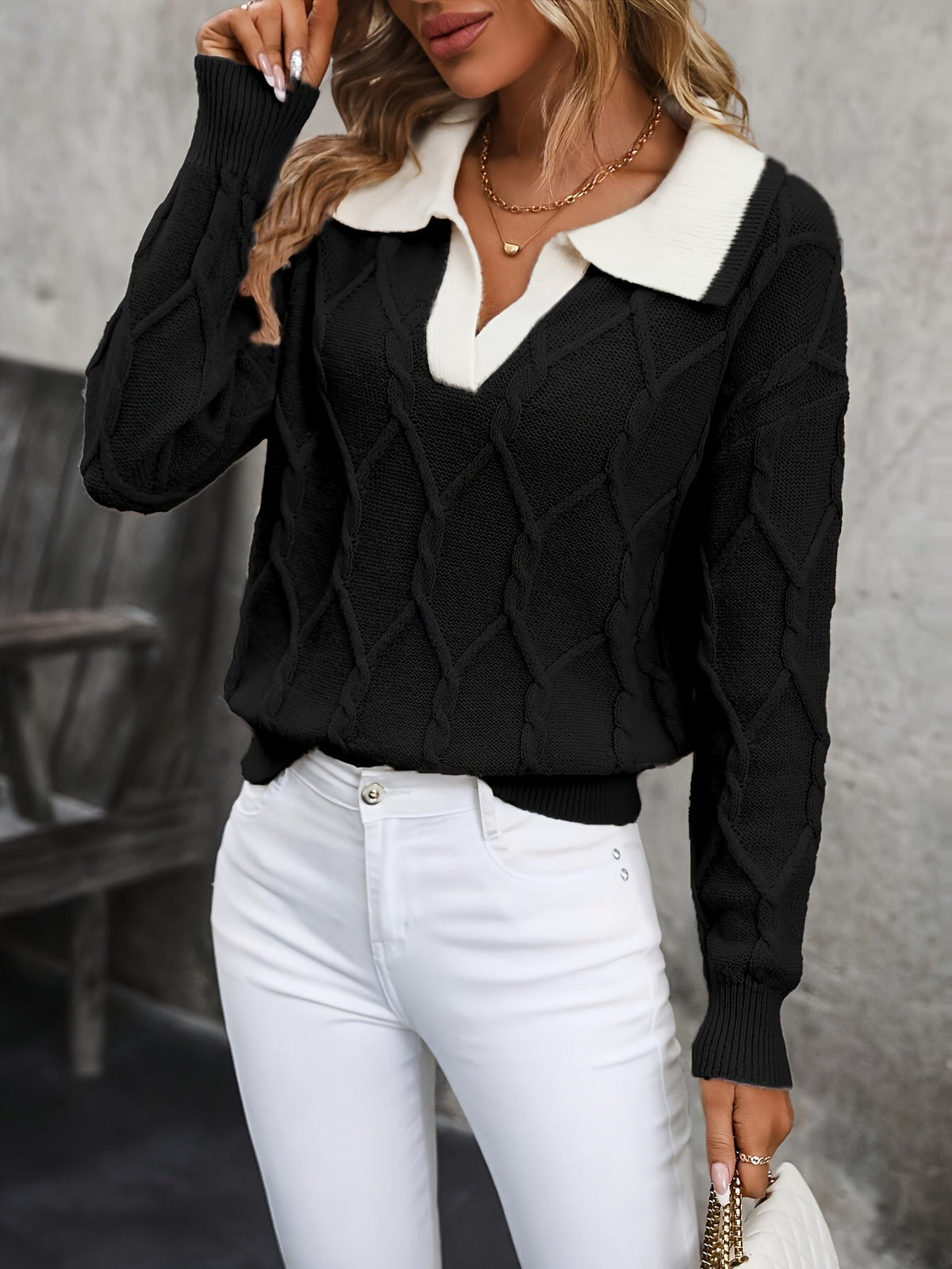 Comfortable Cable Knit Colorblock Sweatshirt for Women with Collared V Neck Long Sleeve Relaxed Oversized Style