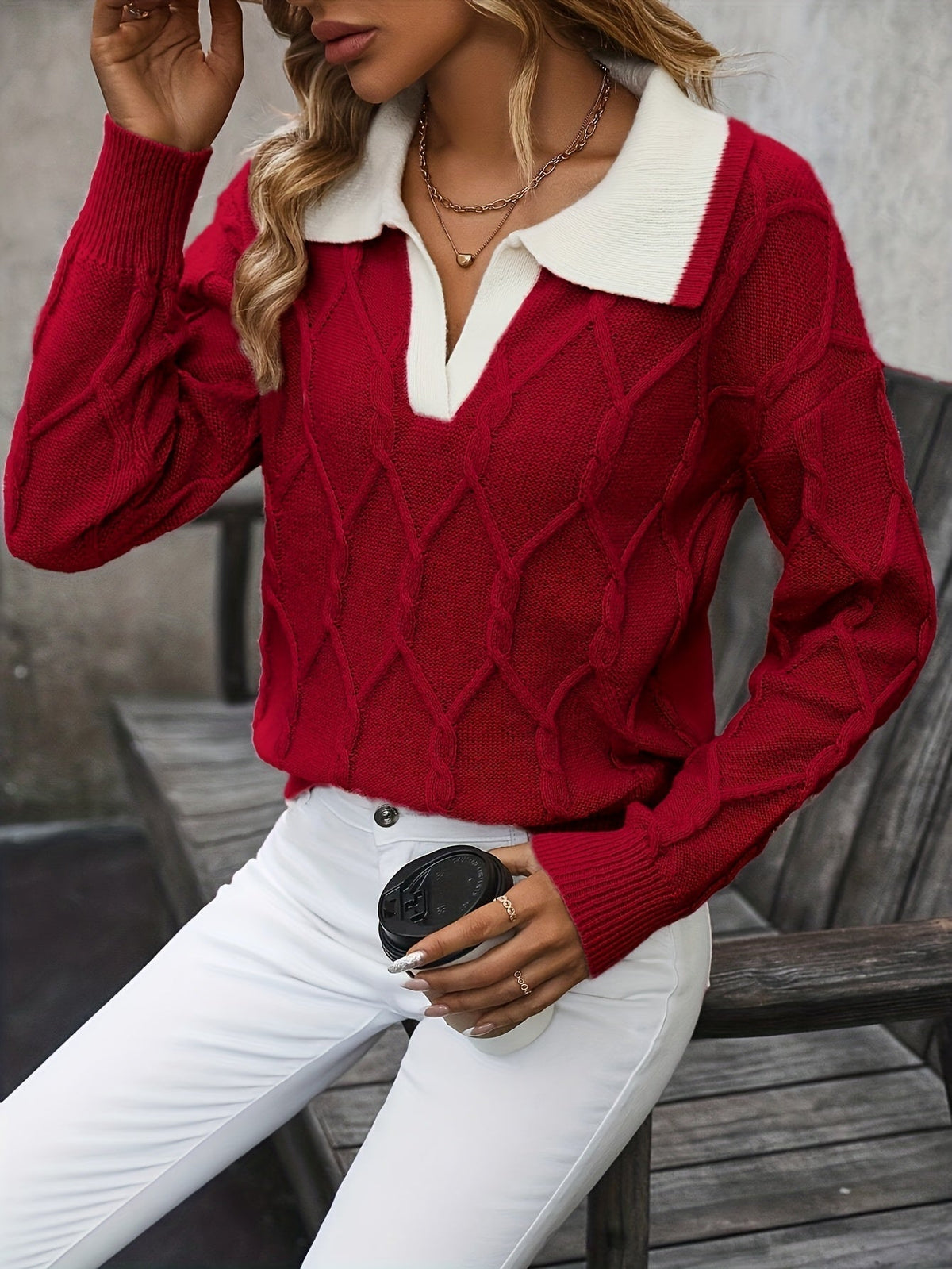 Comfortable Cable Knit Colorblock Sweatshirt for Women with Collared V Neck Long Sleeve Relaxed Oversized Style