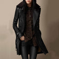 Sleek Black Leather Jacket for Women with Shearling Collar Long Sleeve Double Breasted Belted Cuff Style